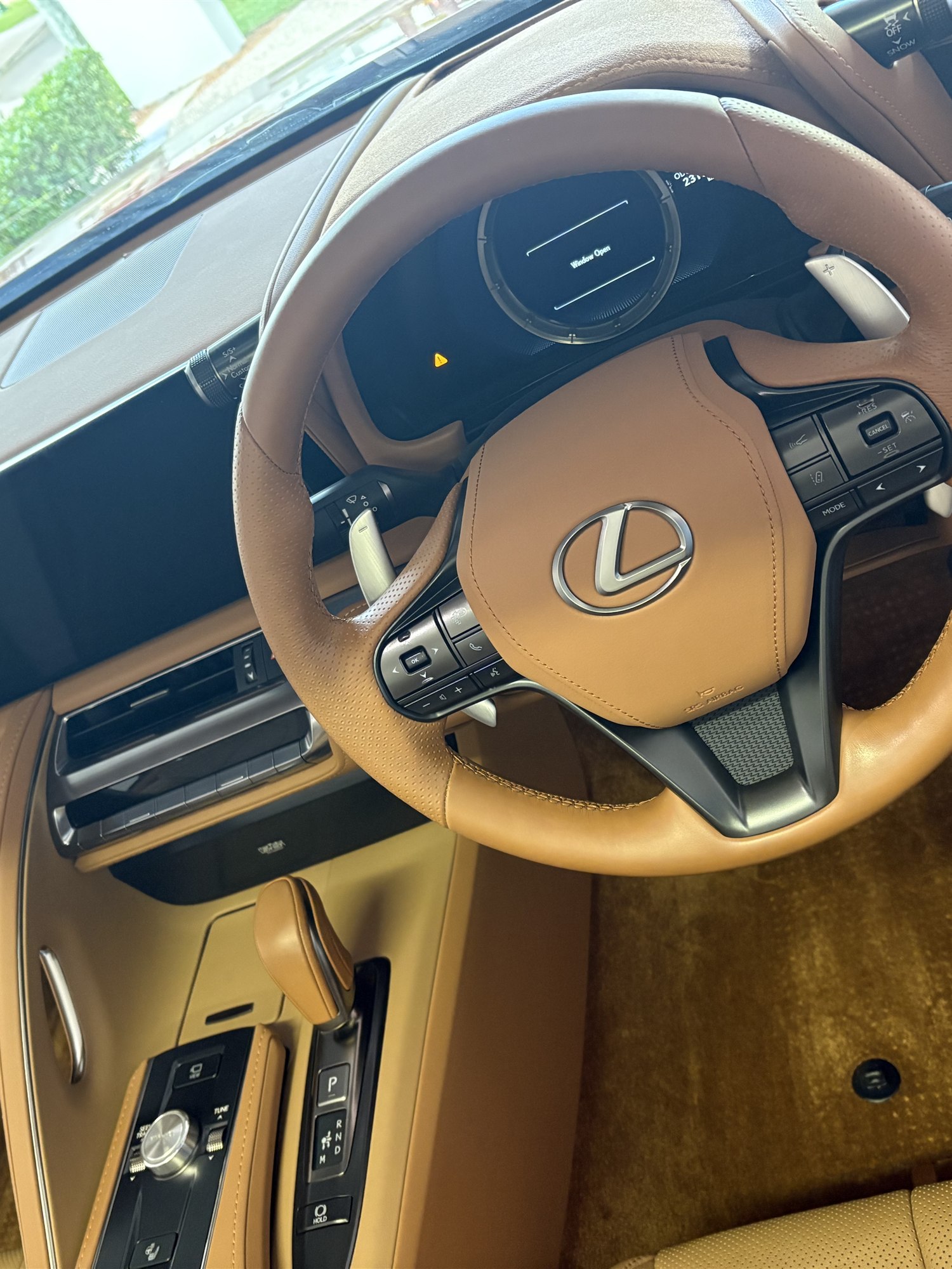 Tan leather Lexus steering wheel and interior after detailing