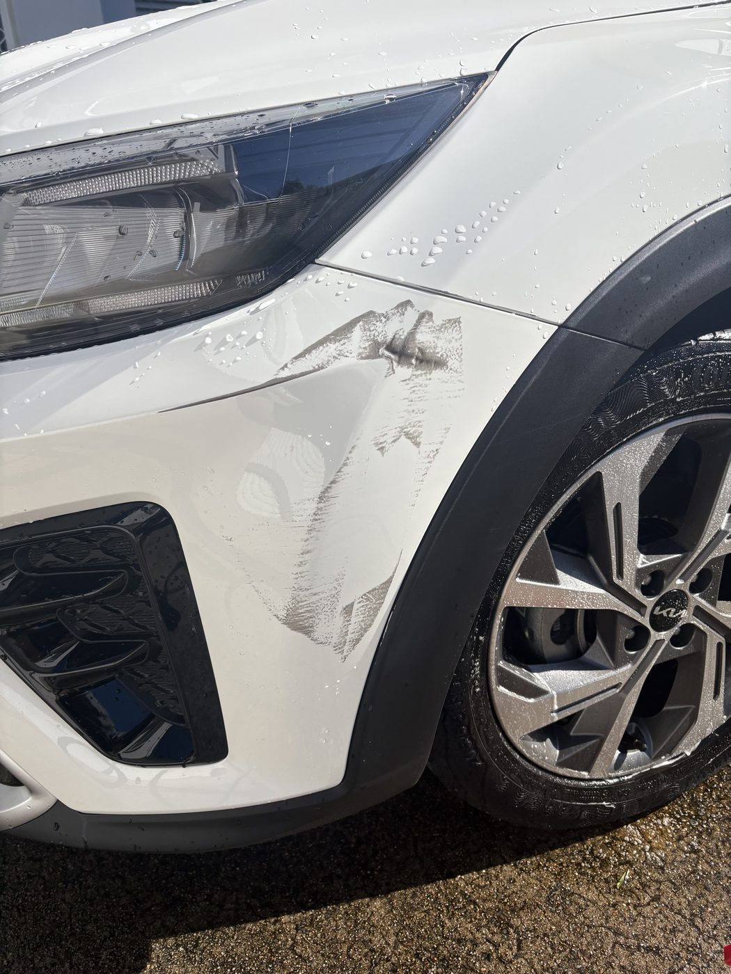 White Kia bumper before light clear coat mark removal